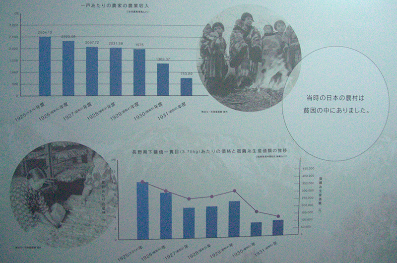 昭和初期の農村恐慌の下、農家の年収が激減する様子を示すグラフ＝長野県阿智村の満蒙開拓記念館で2013年11月28日撮影